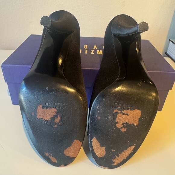 Stuart Weitzman Black Satin Peep-Toe Heels